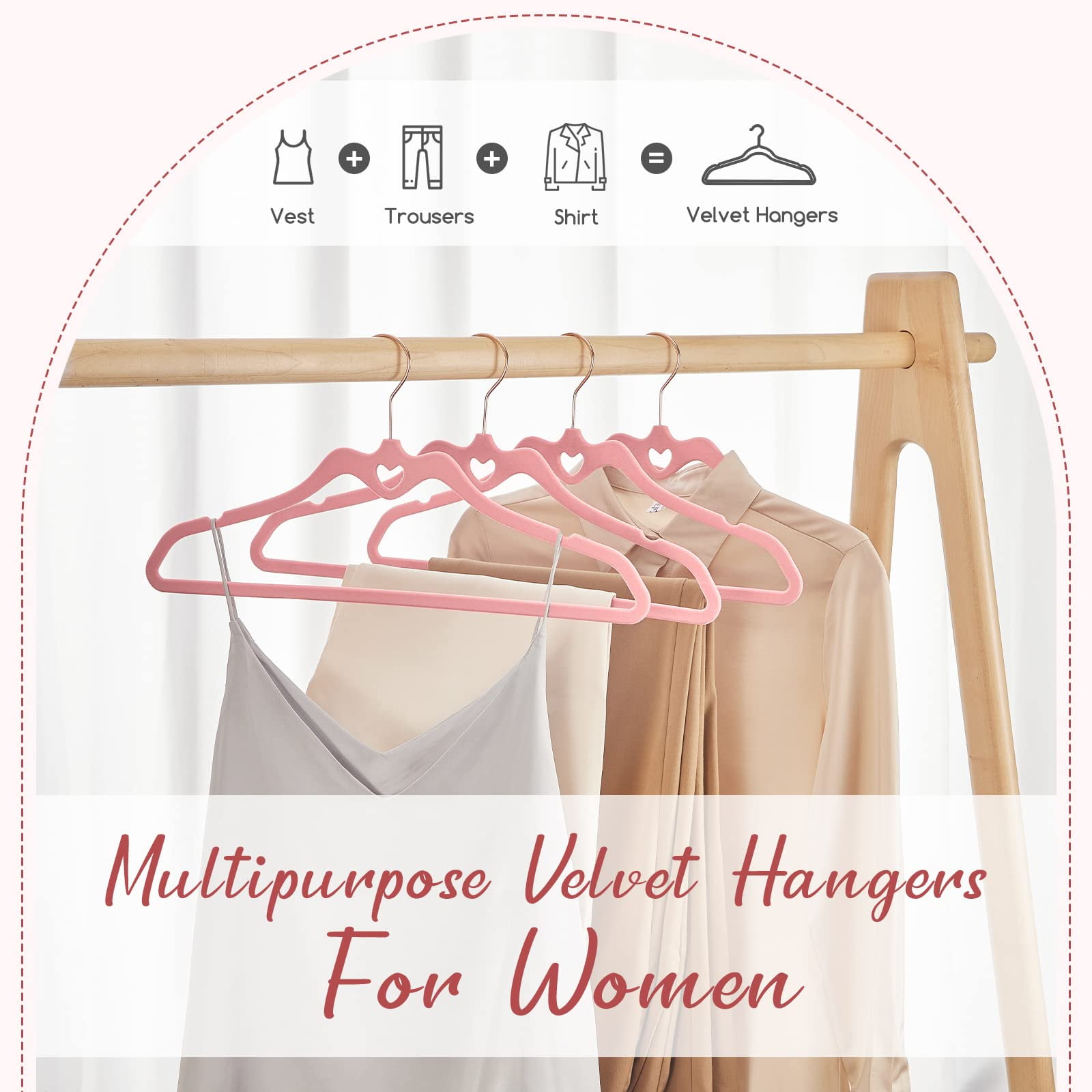 Velvet Hangers 60 Pack, Pink Non Slip Flocked Felt Hangers, Sturdy Velvet Clothes Hangers, Cute Heart Hangers, Heavy Duty Coat Hangers, Ultra Slim Beige Hangers for Closet Space Saving