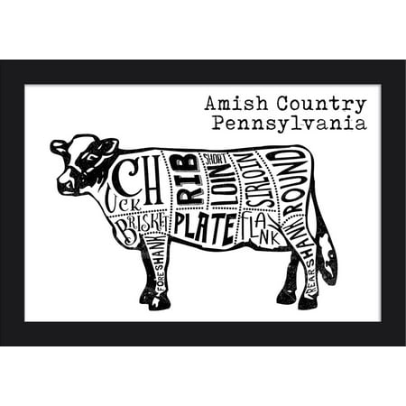- Amish Country, Pennsylvania - Butchers Block Meat Cuts - Black Cow on White - Lantern Press Artwork (18x12 Giclee Art Print, Gallery Framed, Black Wood)