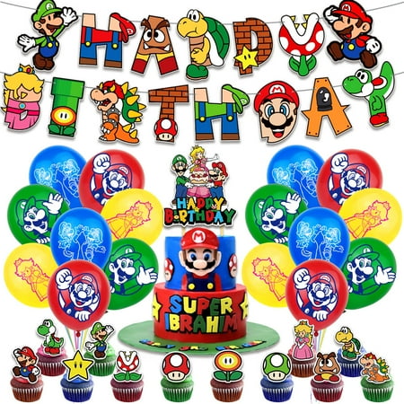 Cartoon Party Decorations, Cartoon Mario Birthday Supplies including Banners, Balloons, Cake Toppers for Cartoon Birthday Party Decorations