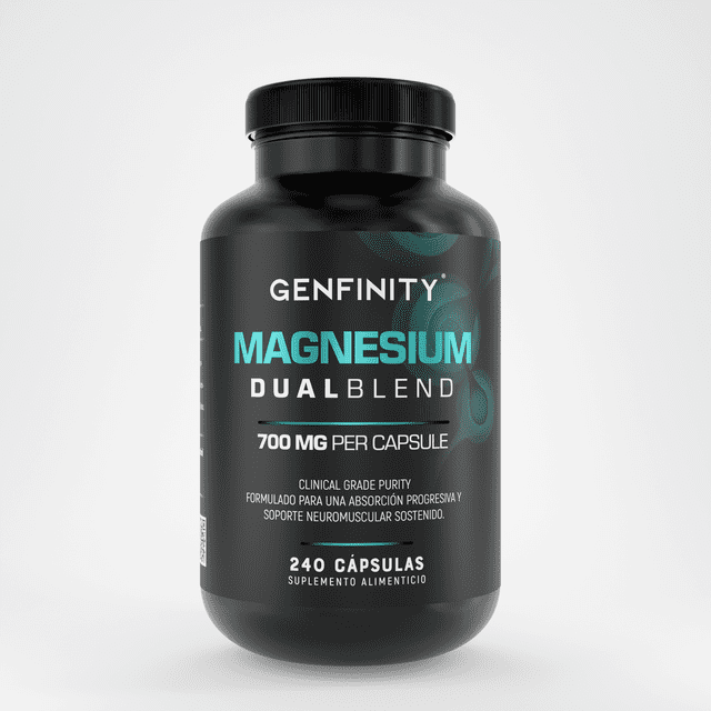 genfinity magnesio dual blend 700 mg – 240 cápsulas | citrato + glicinato de alta absorción para energía, sueño y recuperación muscular Frasco negro centrado, vista frontal de etiqueta gris con texto turquesa y blanco que muestra GENFINITY MAGNESIUM DUAL BLEND, "700 MG PER CAPSULE" y "240 cápsulas", tapa de rosca negra y fondo neutro; a menudo se guarda en estantes de suplementos para uso diario.
