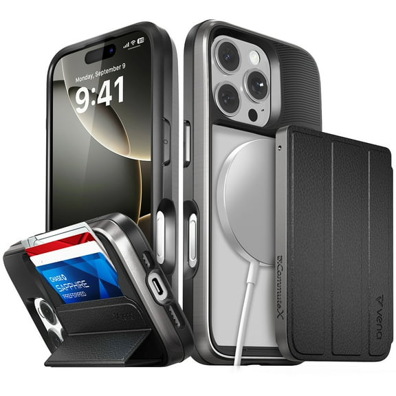 Vena vCommuteX for Apple iPhone 16 Pro Case, Wallet Case Compatible with MagSafe, Leather Flip Cover with Card Slot and Kickstand, Black