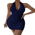 thumbnail image 2 of LYMAYTER ‌Women's V-Neck Bodycon Mini Dress Ruched Halter Backless Dress Club Cocktail Going Out, 2 of 10