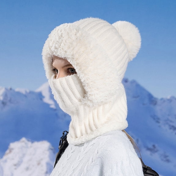 HCBY Women's 3-in-1 Winter Hat Set - Fleece Lined Knitted Beanie with Detachable Scarf and Hood for Ski, Outdoor Sports, Cold Weather(White,23in)