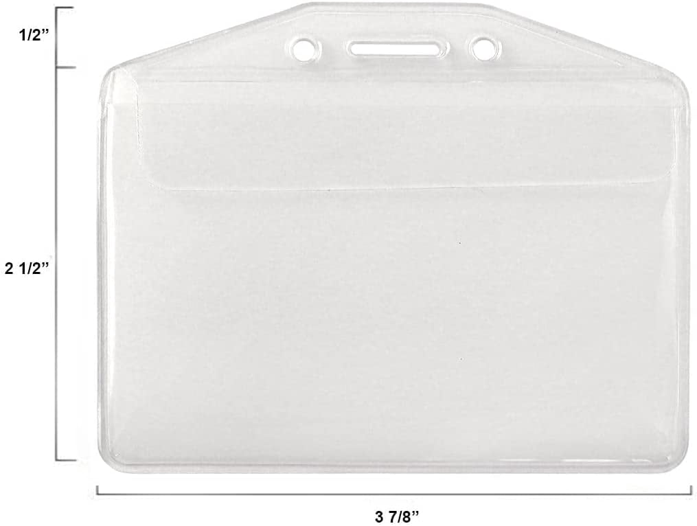 100 Pack - Clear Soft Vinyl Horizontal Badge Holder with Fold Over Flap - Heavy Duty Name Tag Protector for I'd Card by Specialist ID