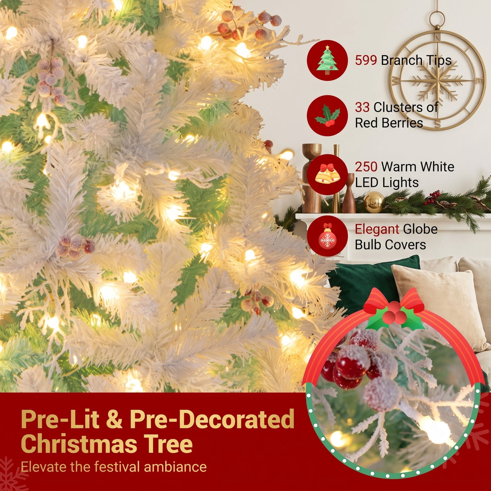 RUIE 6 FT Pre-Lit Artificial Christmas Tree with 250 Warm White LED Lights, Snow Flocked Branch Tips, Frosted Red Berries and Foldable Metal Base, White & Lake Blue