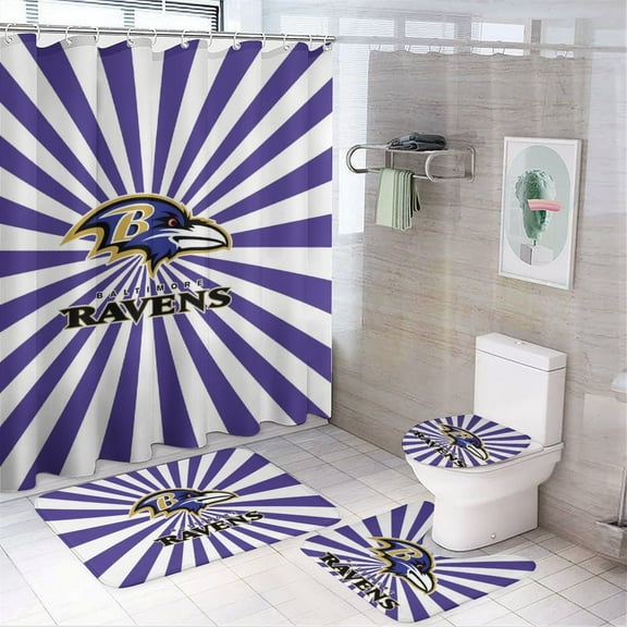 Baltimore 4pcs Shower Curtain Set Football Bathroom Rusg with Shower Curtain,Toilet Lid Cover U-Shaped Mat and Non-Slip Rugs for Fans Birthday Gift