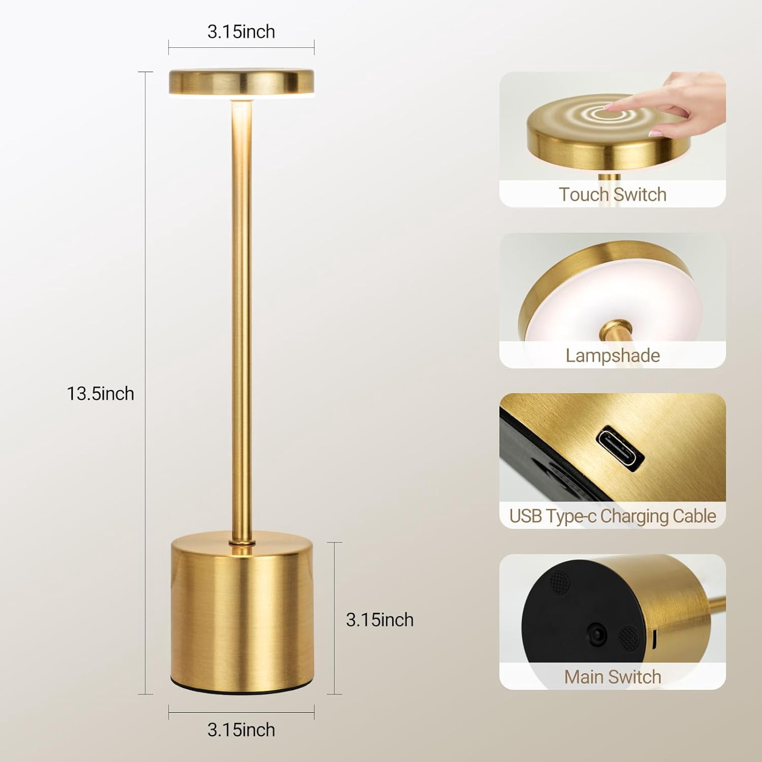 OhhGo Rechargeable Cordless LED Table Lamp, Portable LED Touch Lamp 3 Level Dimmable Tables Lights Reading Lamps 5200mah Battery Powered USB Bedside Lamps Decoration Lights（2 Pcs Gold)