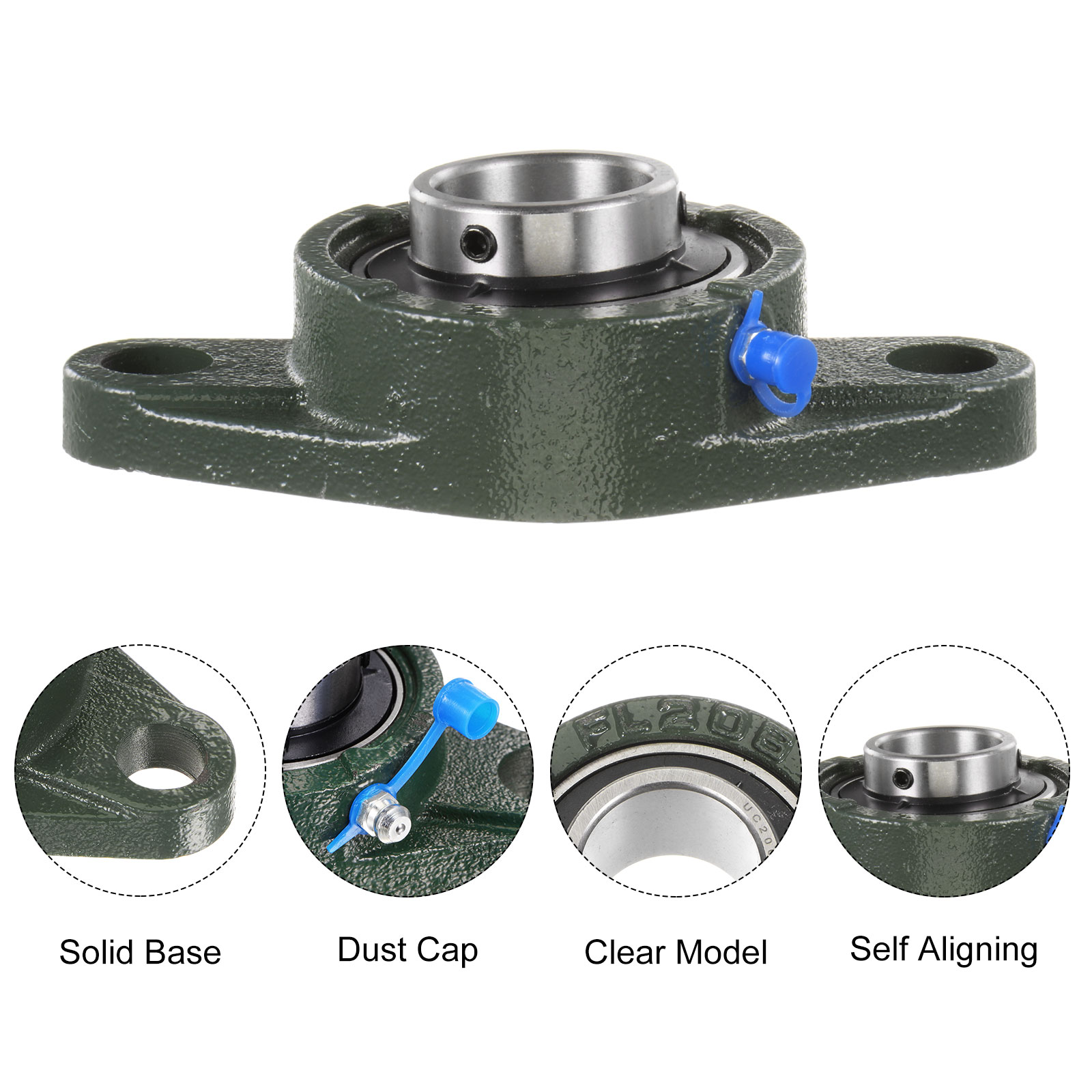 4 Pcs PGN Bearings UCFL206-20 Solid Base Pillow Block Flange Mounted Bearing - 1-1/4 Inch Bore, 2 Bolt