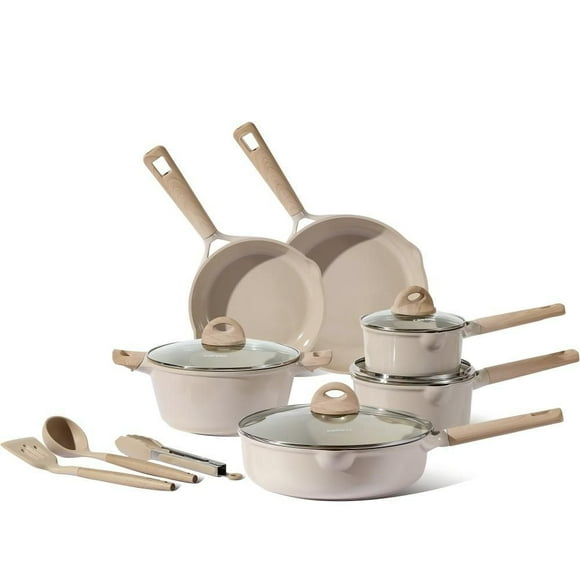 Carote Ceramic Pans and Pots Set, 13 Piece Industion Kitchen Non-Stick Cookware Sets Taupe