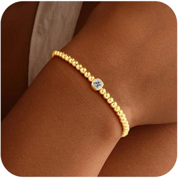 Birthstone Bracelets for Women - Dainty Elastic 14K Gold Plated Beaded Birthstone Bracelets Trendy Waterproof Friendship Birthday Jewelry Gifts for Women Girls