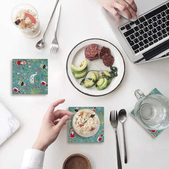 FMSHPON Merry Christmas Set of 4 Coaster for Drinks, Absorbent Ceramic Stone Coasters Cup Mat with Cork Base for Home Kitchen Room Coffee Table Bar Decor