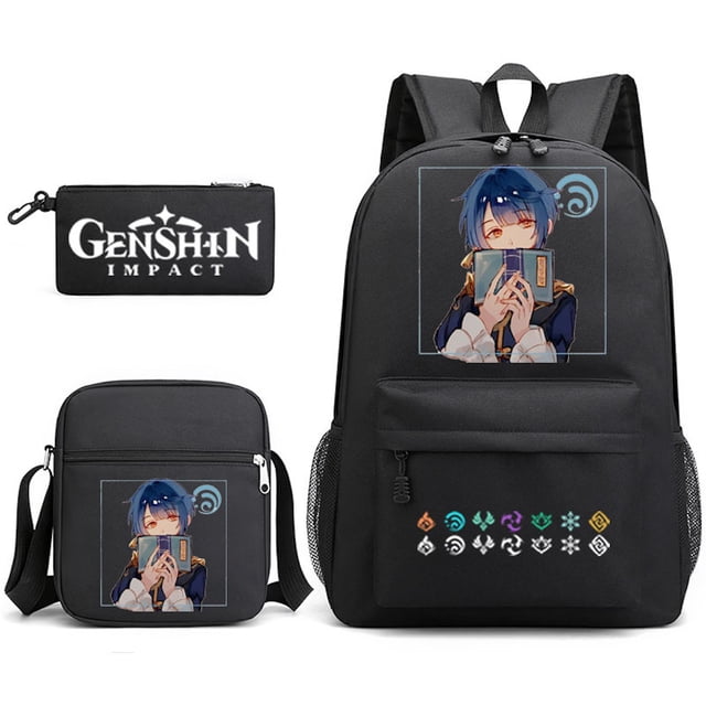 Juego de mochilas escolares Genshins de 3 piezas con bolsa de hombro y funda para bolígrafos