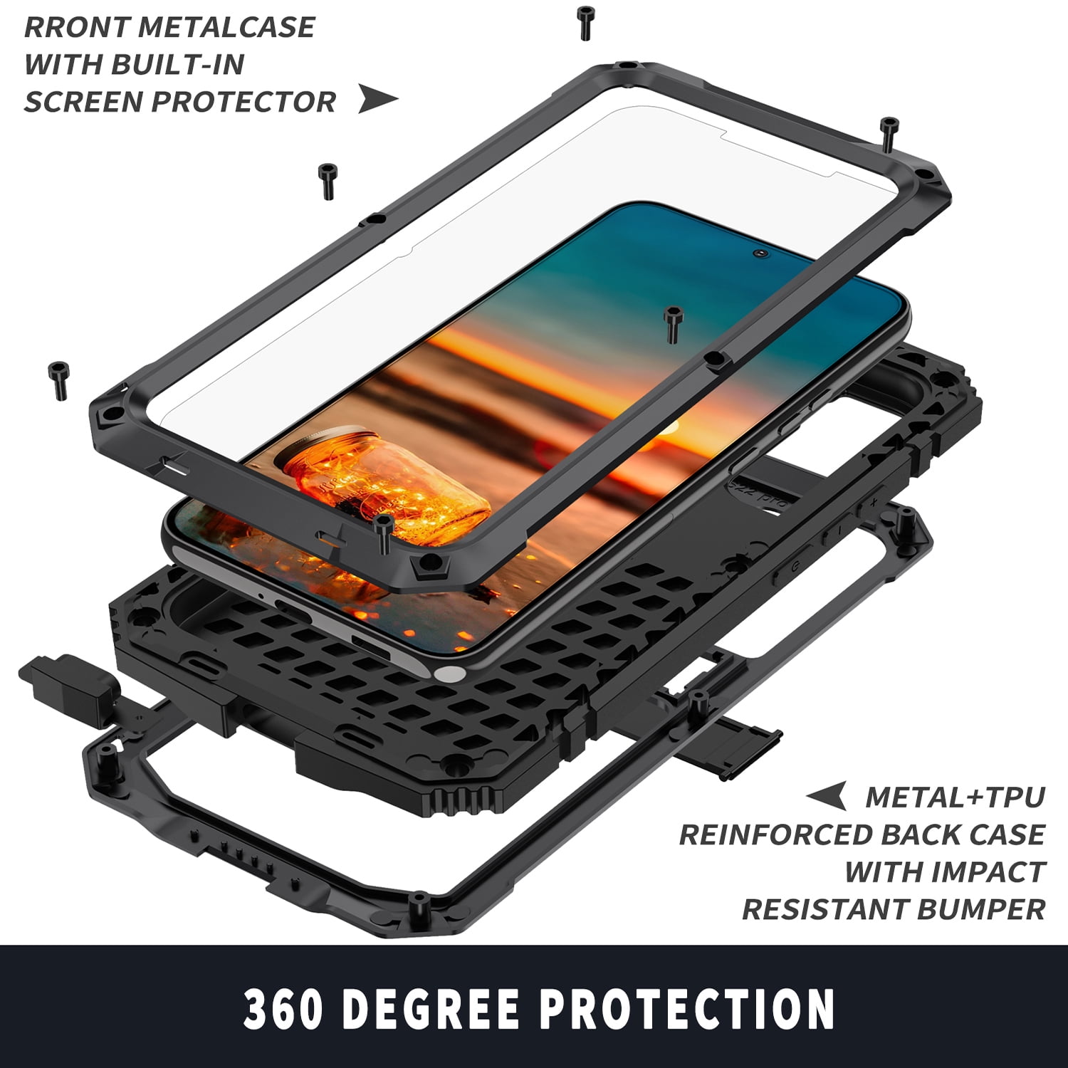 Samsung S21 FE Rugged Full-Body Case, Metal Bumper Built-in Screen Protector&Kickstand,Dustproof Drop-Proof,Full Body Protection Heavy Duty Rugged Military Cover For Samsung Galaxy S21 FE, Black