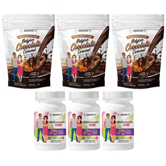 Duodenal Switch Vitamin Pack - Chewables Size: 3-Month Supply, BariatricPal Multivitamin ONE: Mixed Berry Chewable - Iron Free, BariatricPal Calcium Citrate Soft Chews: Belgian Chocolate Caramel