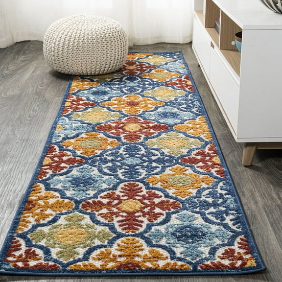 JONATHAN Y AMALFI COAST 2 x 10 Runner Rug, Cassis Ornate Ogee Trellis - Blue/Multi, AMC105A-210