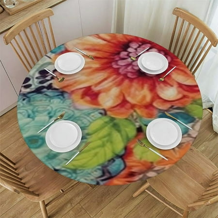 

Elastic Edge Fitted Round Tablecloth Floral Boho Colorful Bohemian Polyester Table Cover Great for Outdoor Home Kitchen/Parties/Holiday Dinner Fits Tables up to