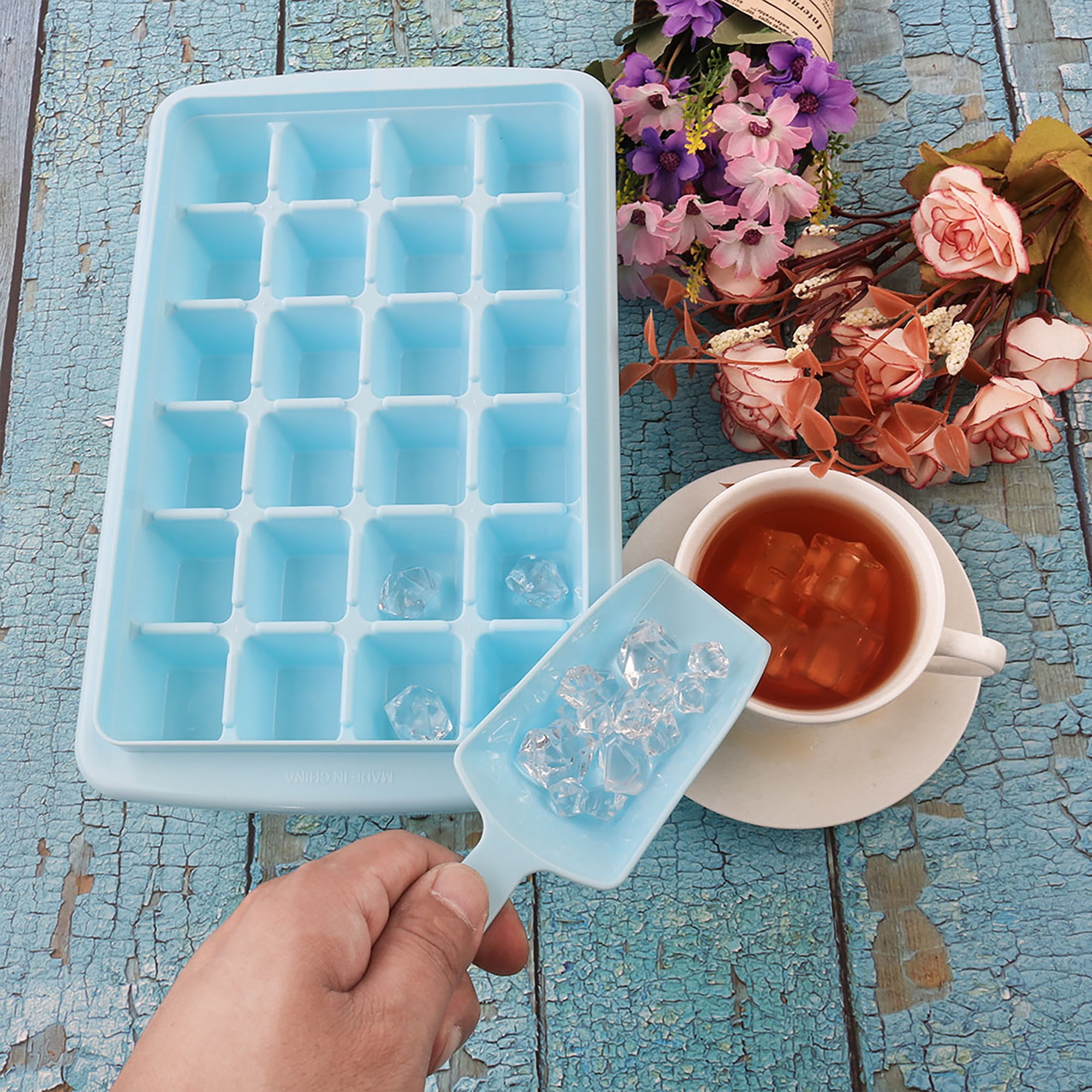 Ice Cube Bin Scoop Tray Plastic 24 Grids Ice Cube Tray Mold for
