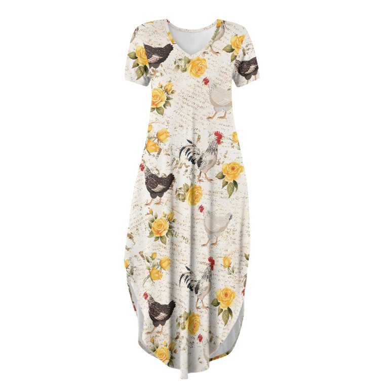 Yuyamidu Chicken Summer Casual Maxi Dress Yellow Flower Elegant Dresses for  Women Formal Plus Size XL Summer Fall V Neck Dress Flower Long-Length  Dresses Fashion Short Sleeve Outfits - Walmart.com
