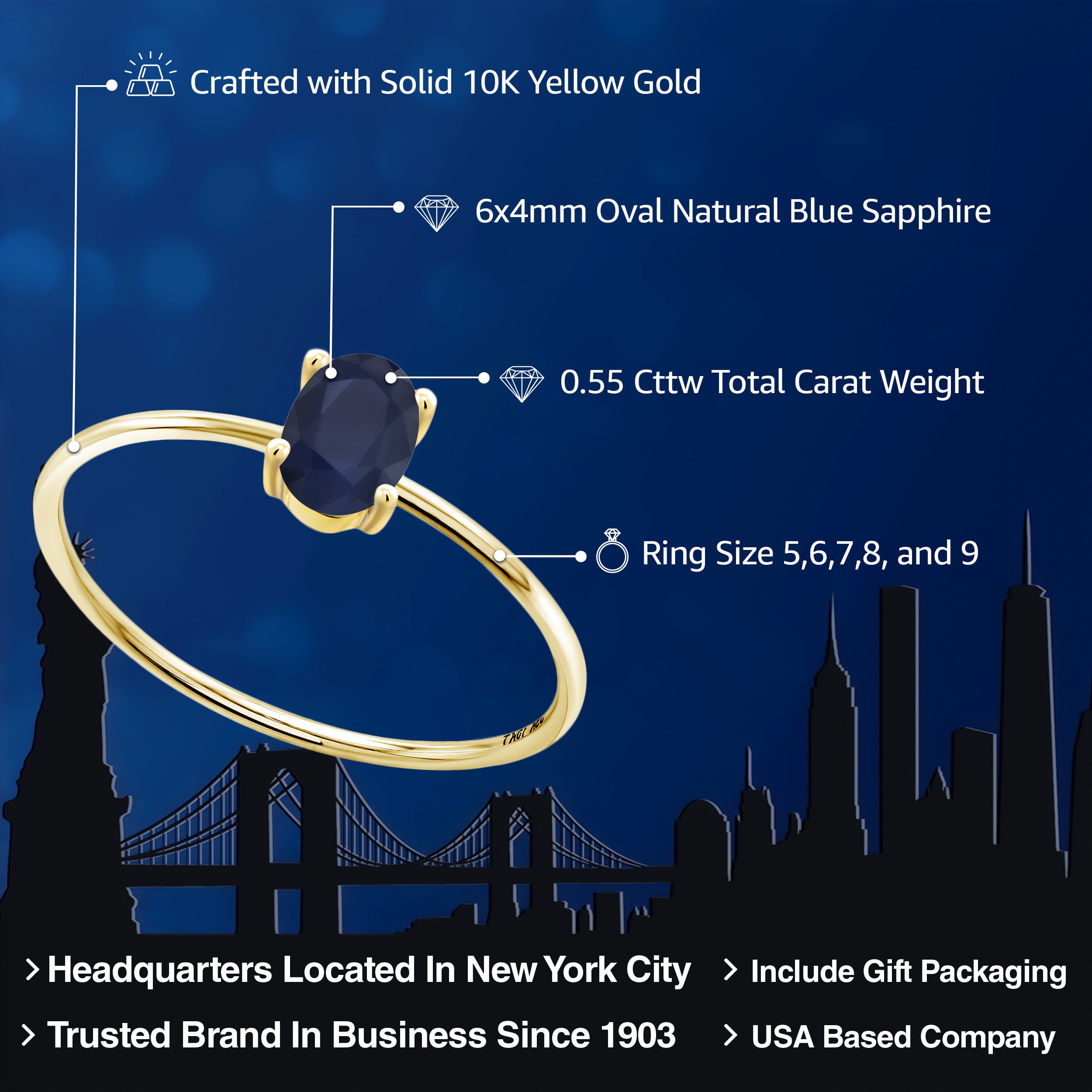 Gem Stone King 10K Yellow Gold Blue Sapphire Ring for Women (0.55 Cttw, Gemstone September Birthstone, Oval 6X4MM, Size 8.5)