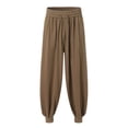 thumbnail image 4 of PIMSSY Men Pants Linen Pants Summer Pants Loose Pants Drawstring Elastic Waist Wide Leg Plain Grain Comfortable Full Length Outdoor Yoga Fitness Fashion Pants Male Holiday Solid Color Slacks, 4 of 7