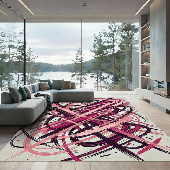 ODIKA 4'x6' Machine Washable Non-Slip Area Rug, Abstract Magenta High Traffic Rug, Pink, 934158