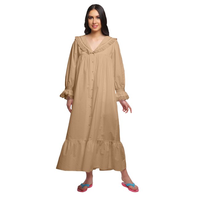 Moomaya Robe de Nuit Maxi pour Femmes en Coton Uni à Col en V avec Bordure Volantée