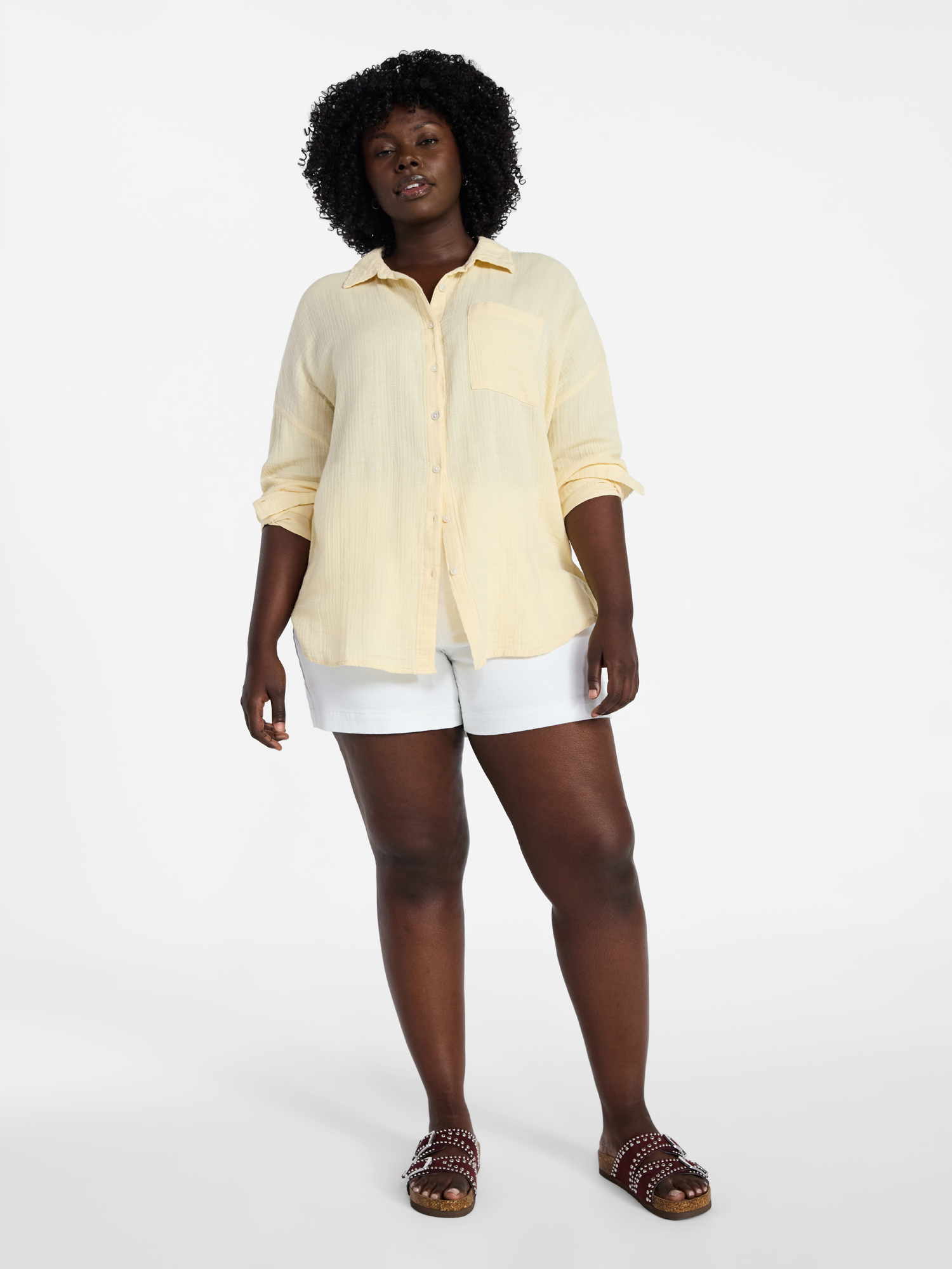 Terra & Sky Women's Plus Size Double Cloth Boyfriend Shirt, Sizes 0X-5X