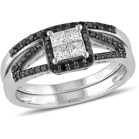 3/5 Carat T.W. Princess-Cut White Diamond and Round-Cut Black Diamond 10kt White Gold Halo Bridal Set