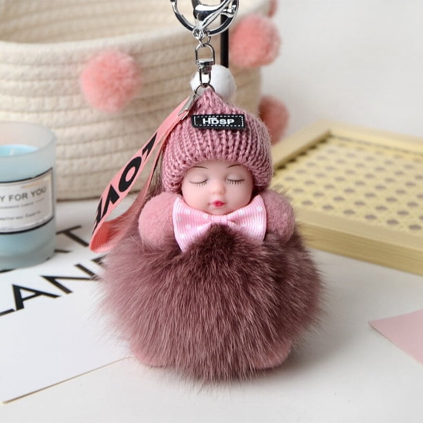 15cm Pompom Sleeping Baby Keychain Cute Fluffy Plush Doll Keychains Women Girl Car Key Holder Bag Pendant Toys for Kids GiftRed He Qiyong unisex