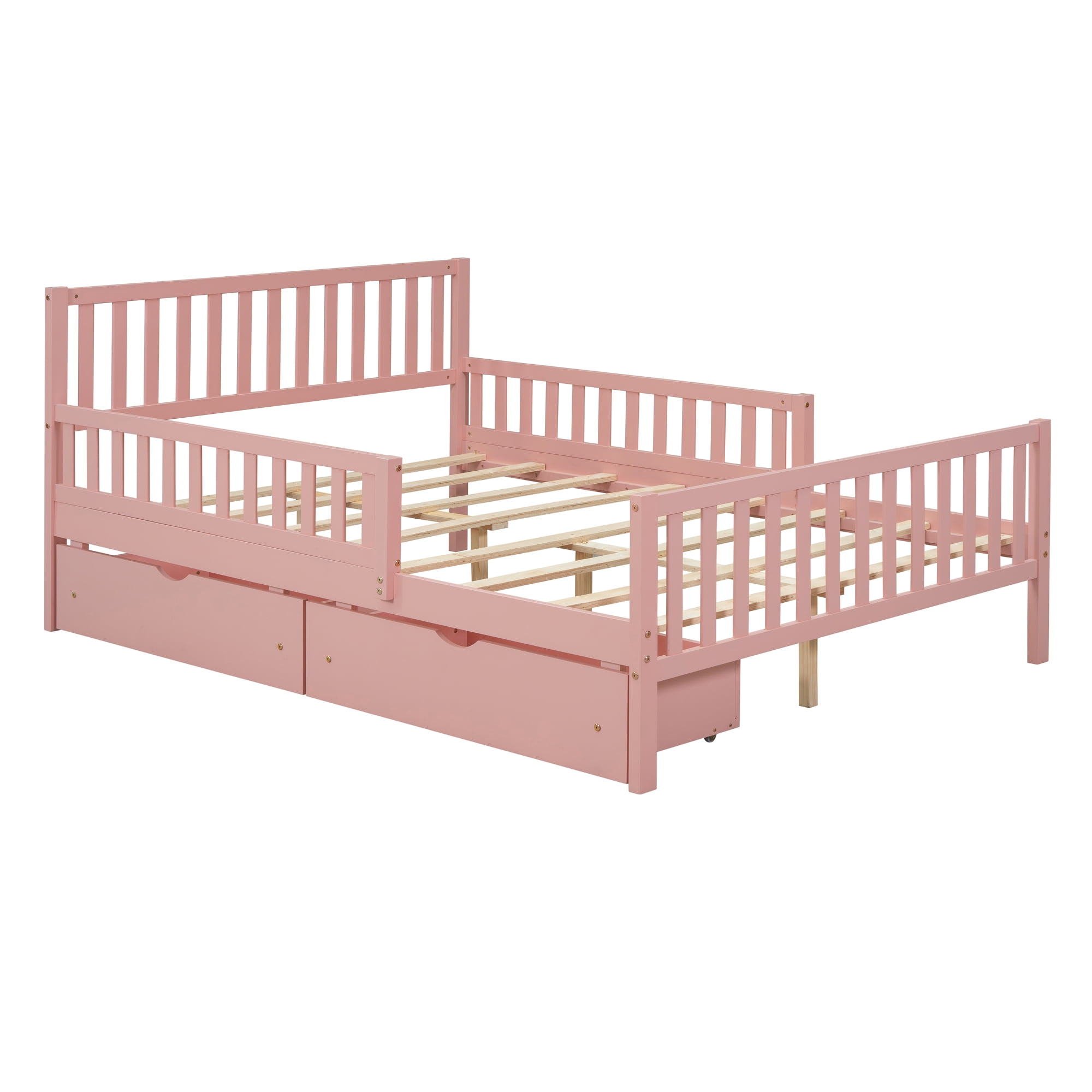 Aukfa Full Size Platform Bed with Storage Drawers and Safe Rails, Wood Bed Frame, Pink