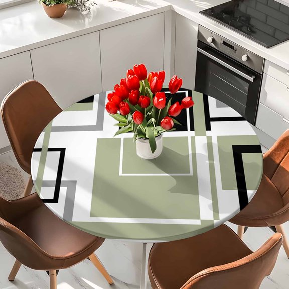 Sage Green Geometric Elastic Fitted Round Tablecloth Black Abstract Lines Waterproof Outdoor Table Cover for Holiday Party, Picnic, Patio & Dining Fits Tables Up to 36"-44"