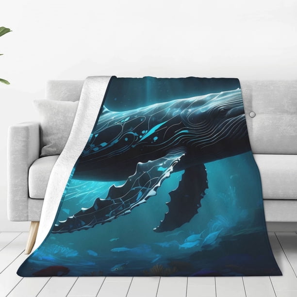 Balery Vintage Blue Pattern Whale Manta de Felpa Suave y Acogedora – Cobija de Franela Aterciopelada para Cama, Lavable y Cálida para Sofá, Mascotas, Transpirable-80"x60"