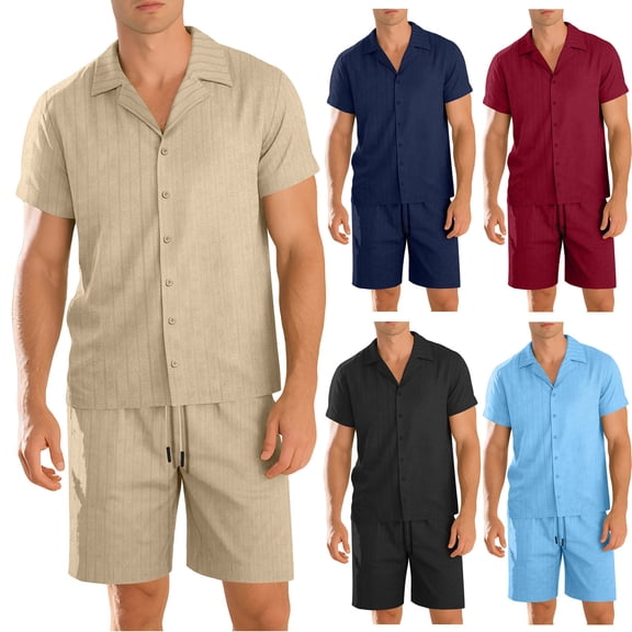 THDHVS Pajamas for Men,Men's Pajama Sets,Men Solid Color Short Sleeve Shirt Set with Lapel Button Front and Elastic Waist Shorts with Pockets for Home Loungewear Wine L