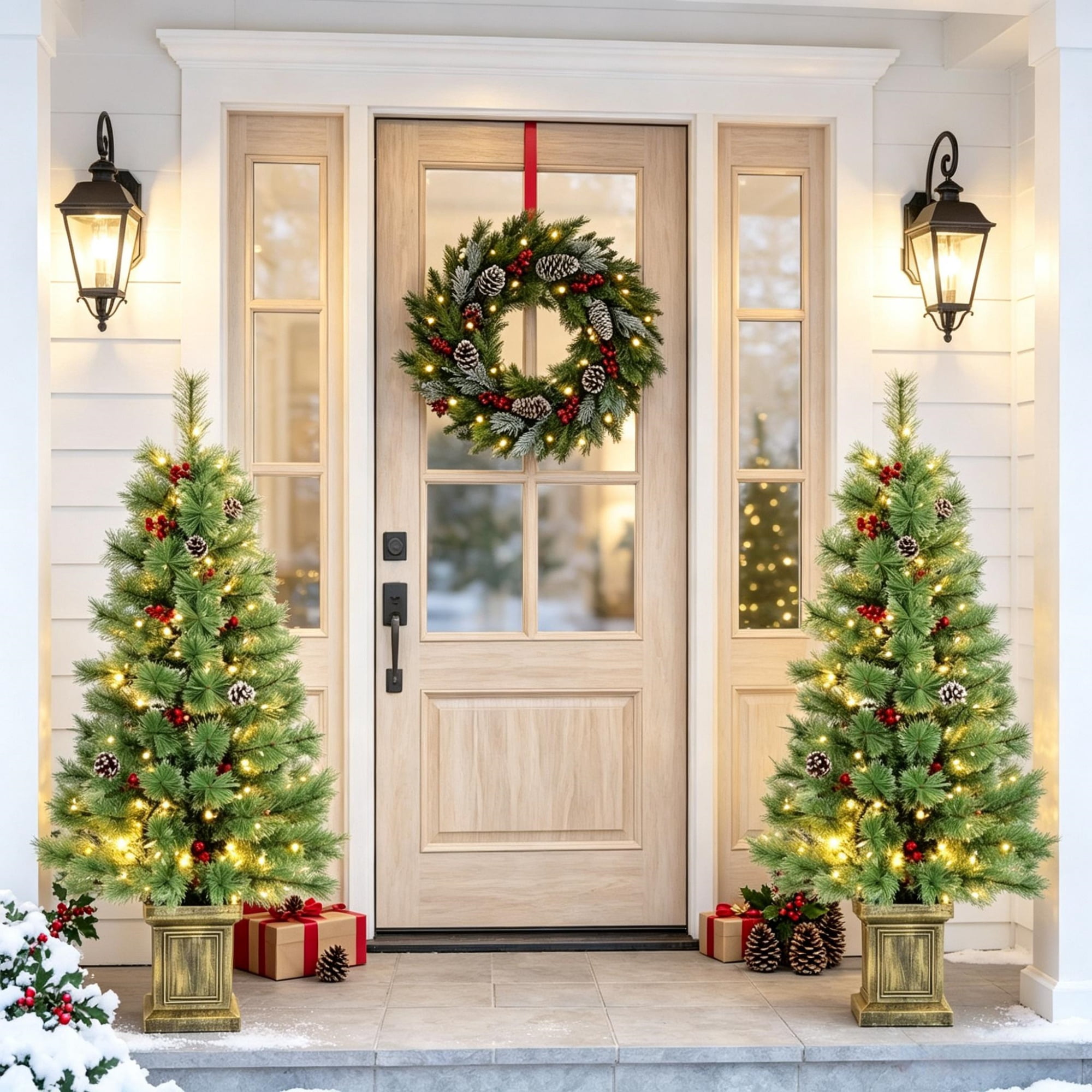 Pre-Lit Artificial Christmas Tree Set, 2 Matching Potted Pine Trees with Dual-Color LED Lights and Remote, 4 ft, 95 Tips Each