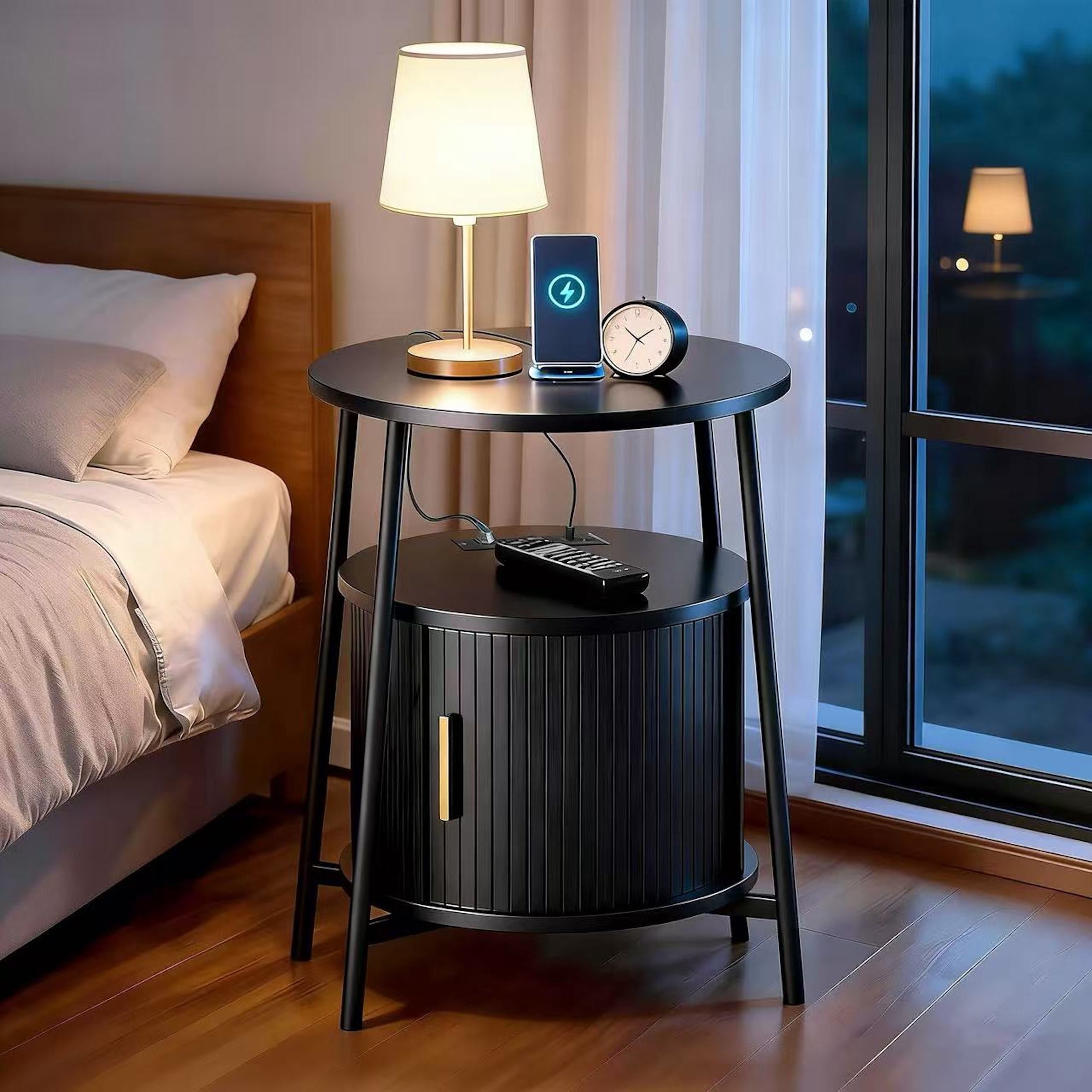 AISWORD Nightstand with Charging Station, Modern Round Bedside Table with Sliding Door Storage, Black