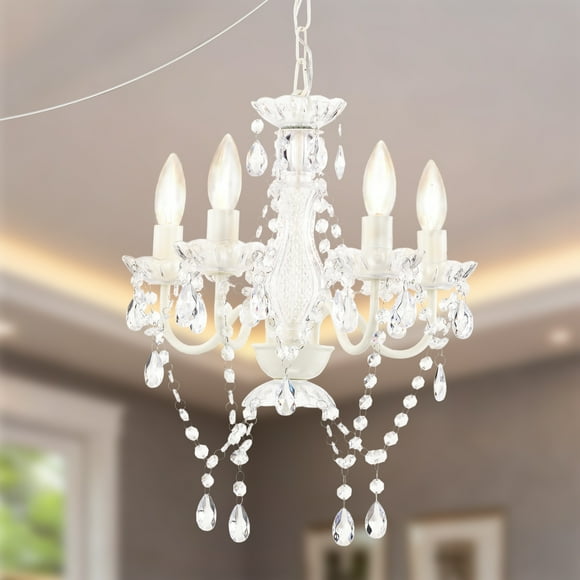 White Plug-In Chandelier with Acrylic Crystals, 5-Light Small Hanging Light for Dining Room, Bedroom & Kids Room
