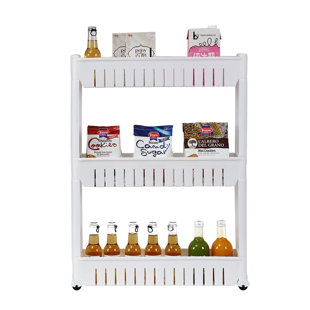 Slim Tower Rack, 3 Tier Pantry Cart, Slide Out Storage Organizer with Wheels White