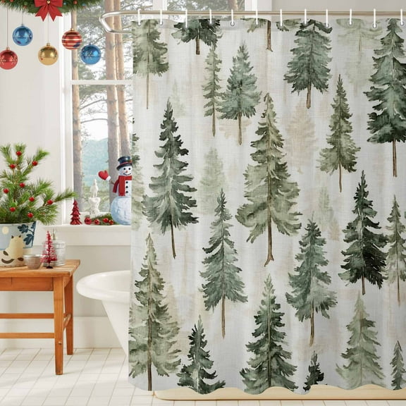 Shower Curtain Bathroom Set Watercolor Christmas Tree on Linen Waterproof Fabric Shower Curtains with Grommets&Hooks Seamless Green Pine Trees Privacy Bath Curtain for Bathtub 36x72in