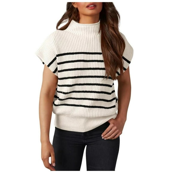 TSADFHJI Sleeveless Tops for Women Dressy Womens Striped Neck Sweater Vest Casual Sleeveless Cap Sleeve Ribbed Knit Pullover Tank Tops L White
