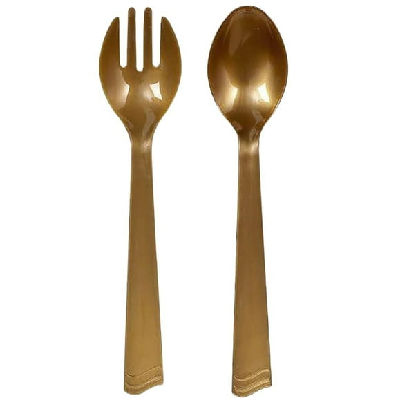 Disposable Gold Plastic 10" Serving Utensils - 2CT (1 Fork 1 Spoon)