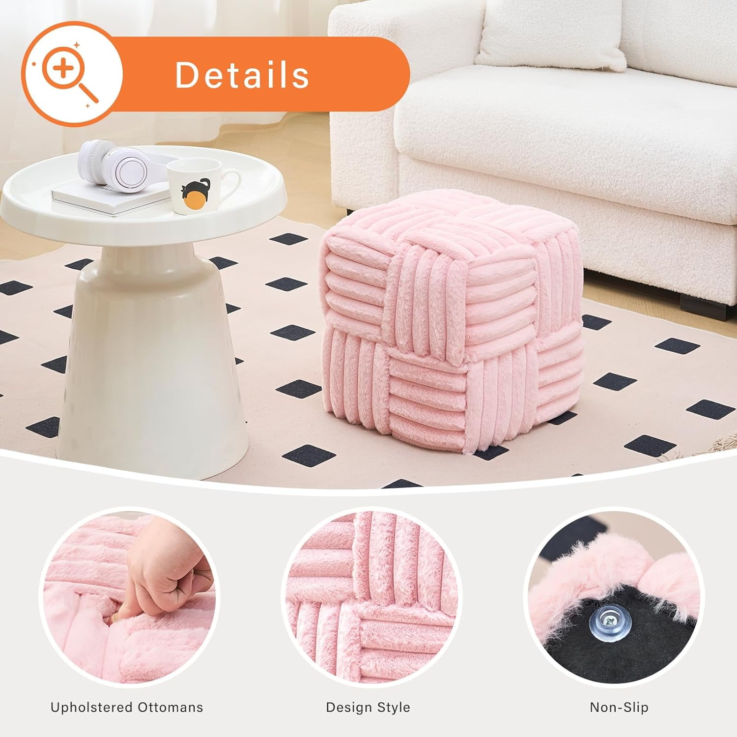 Casa Pura Furniture Faux Fur Vanity Ottoman Footrest, 15" Square Soft Padded Stool, No Assembly Required, for Bedroom, Living Room and Entryway