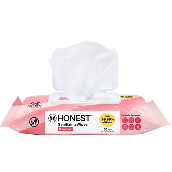 The Honest Company Grapefruit Grove Sanitizing Alcohol Wipes, Antibacterial with Aloe, Kills 99.99% of Germs, 50 Count