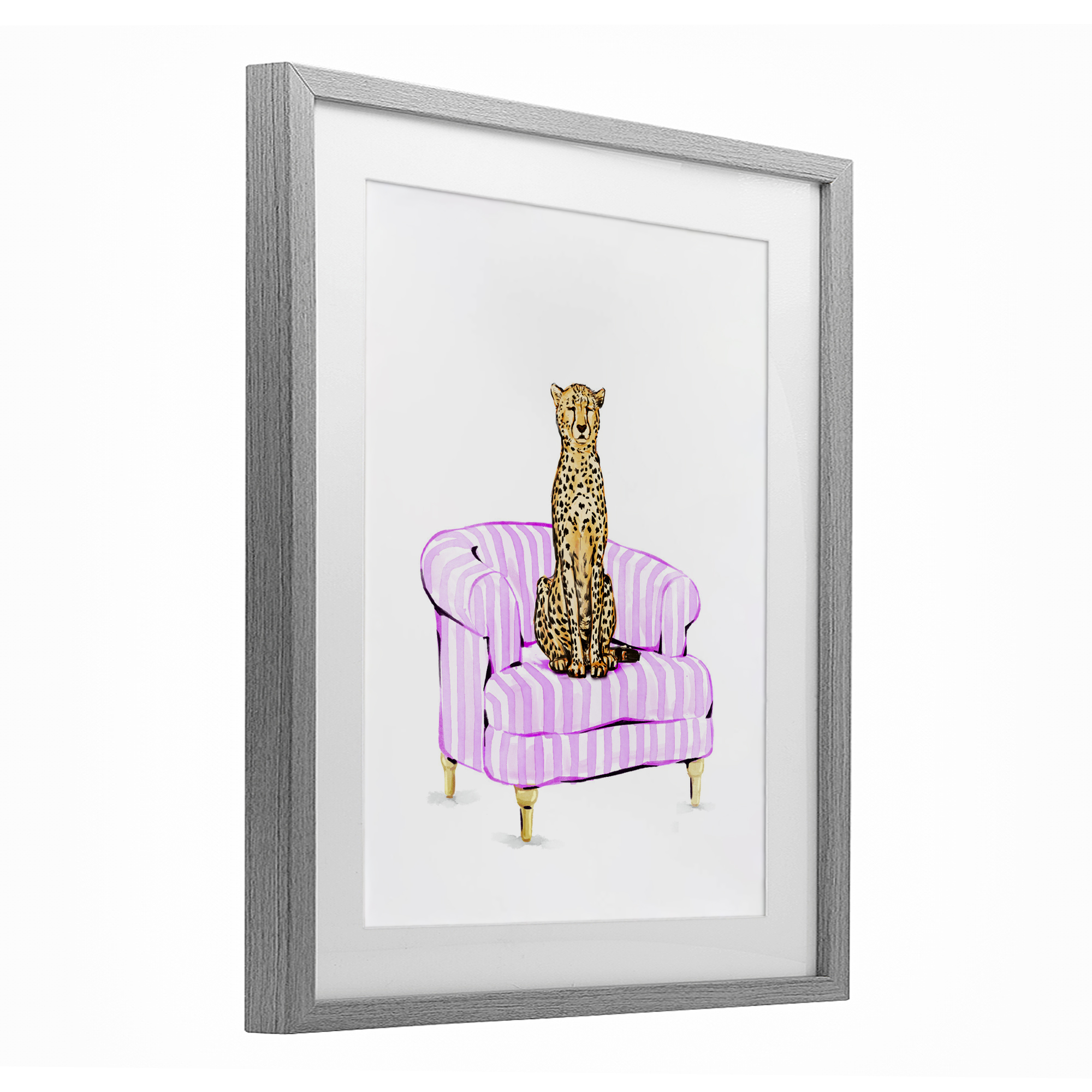Cheetah on Pink Stripe Chair Gray Framed Print Under Glass, design by Ziwei Li
