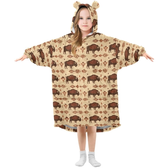 Wearable Blanket Hoodie for Kids Bison Flannel Hooded Blanket with Pockets and Sleeves Suitable for Boys and Girls