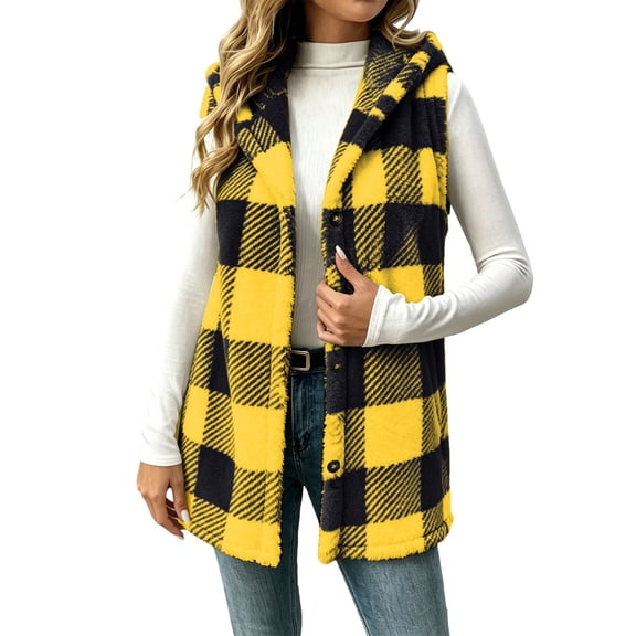 Gamivast Sherpa Vest Cardigan for Women Plaid Hooded Button Down Sleeveless Jacket Buffalo Check Warm Fuzzy Winter Outerwear with Pockets for Casual Layering L