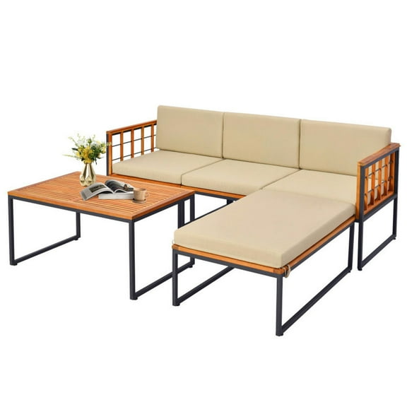 Topcobe 5 Pieces Patio Furniture Set Acacia Wood Sectional Set with Heavy-Duty Metal Frame, Outdoor Sectional Furniture, Beige