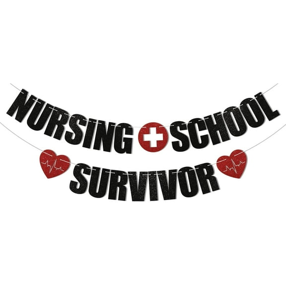 Nursing School Survivor Banner - Med School Graduation Decorations, Congrats Nurse Bunting Sign, Nurse/Doctor Graduation Party Decorations Black Glitter