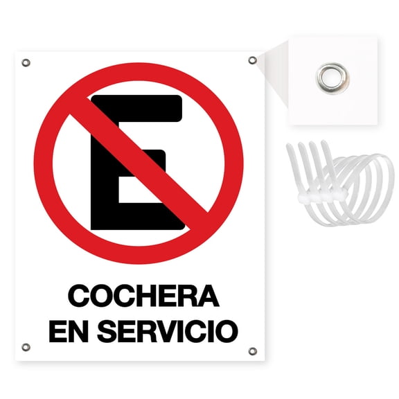 Señalamiento: "No estacionarse Cochera en servicio" blanco y rojo. Plástico estireno calibre 40, ideal para exteriores. Medidas: 33 x 25 cm, rectangular. Letrero, Señal vertical prohibitiva.