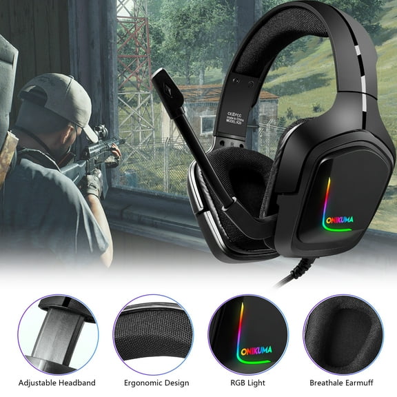 Gaming Headset for PS4 Xbox one Nintendo Switch, ONIKUMA Gaming Headphones with Noise Cancelling Microphone, Bass Surround Sound Over Ear Wired Headset LED Lights