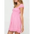 thumbnail image 2 of Pink Womens Eyelet Smocked Babydoll Mini Dress With Ruffled Cap Sleeves A-Line Sundress, 2 of 5